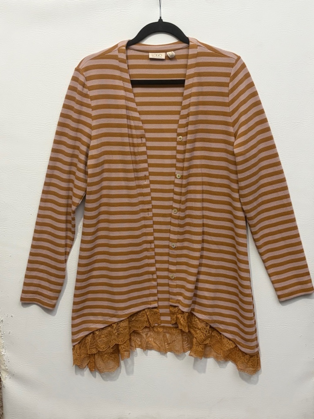 LOGO by Lori Goldstein Waffle Knit Lace Trim Tan Pink Striped Cardigan Large